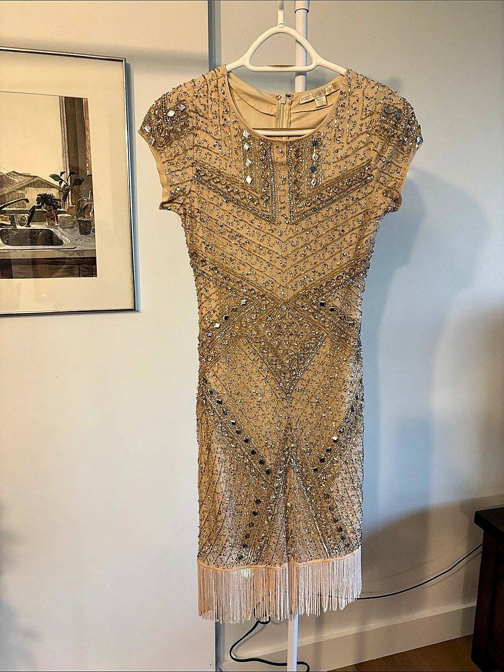 Boston Proper Beaded Fringe Mini Dress in Gold Size 0 Like New